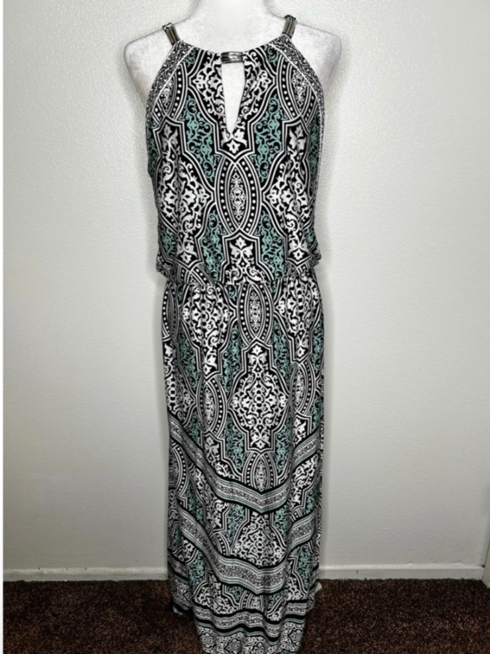 White House Black Market Black Patterned Sleeveless Stretch Maxi Dress Size M